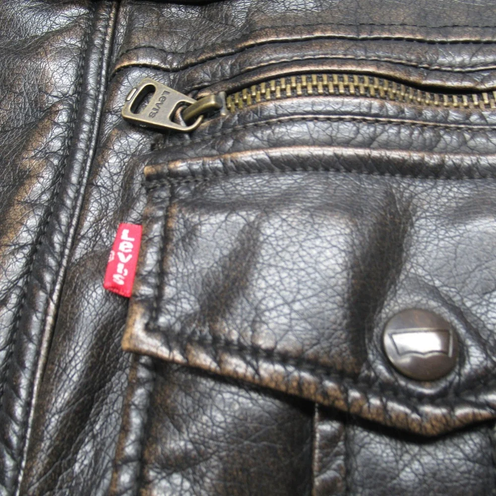 Levis Faux Leather Jacket Mens Large‎ Brown Sherpa Fleece Lined Full Zip Trucker - Picture 10 of 16
